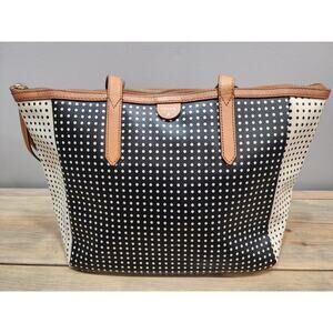 Fossil Sydney Black & White Polka Dot Tote Bag Vinyl w/ Leather Straps & Trim
